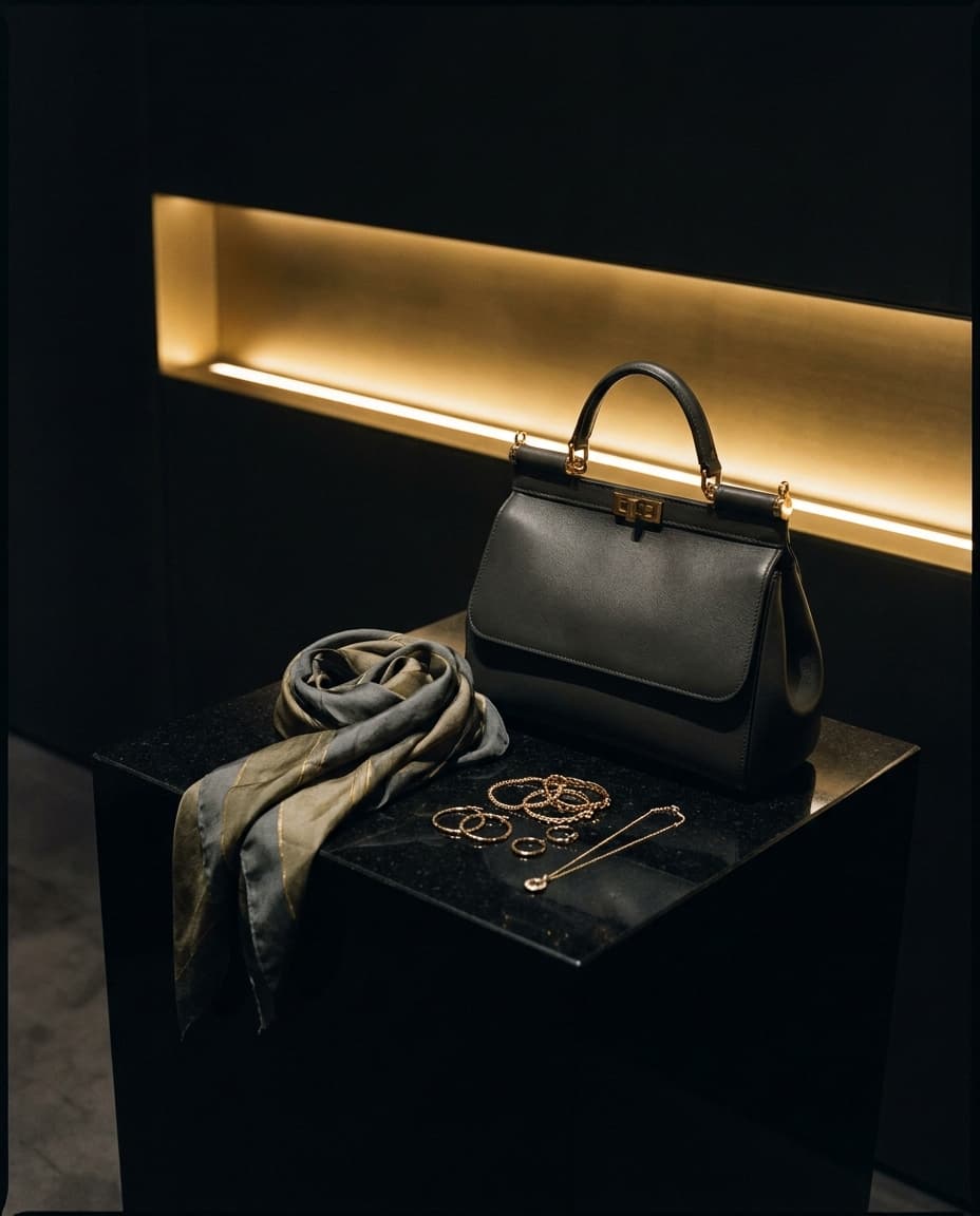Accessoires und Goldschmuck bei LA GIOIA — Tasche und Seidentuch